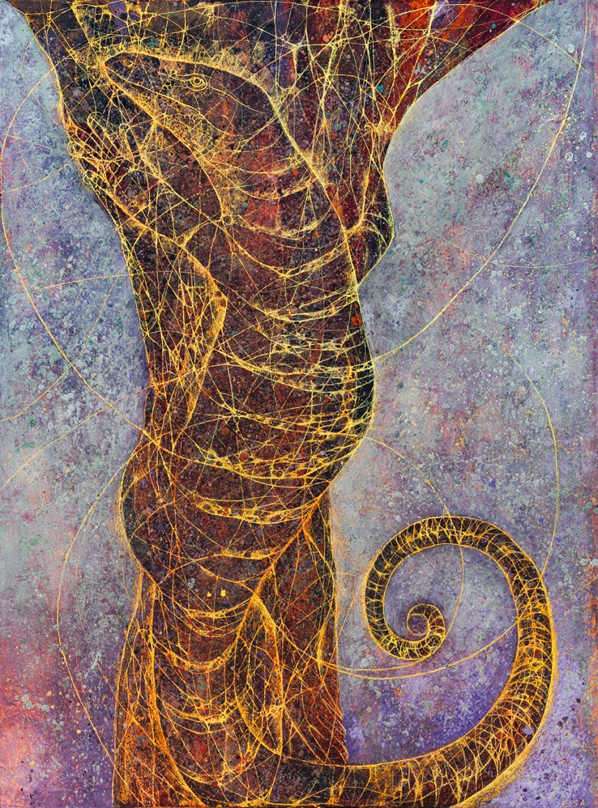 Goanna on a tree. Mixed media on paper. 70 x 50 cm.